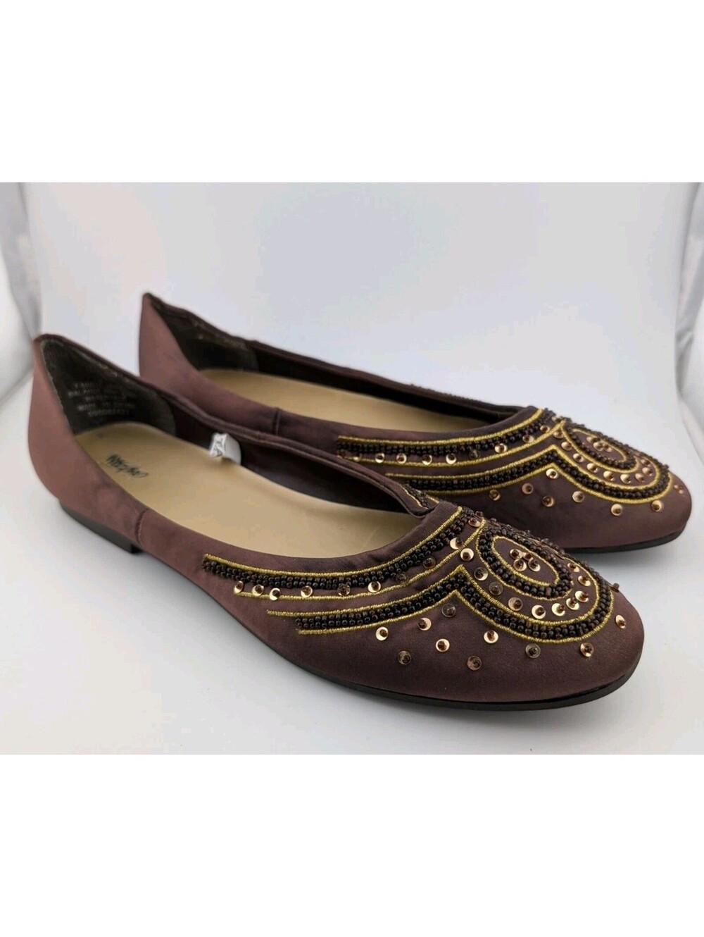 Wassio Size 9 Brown Ballet Flats Gold Beaded Satin Vintage Y2k Shoes